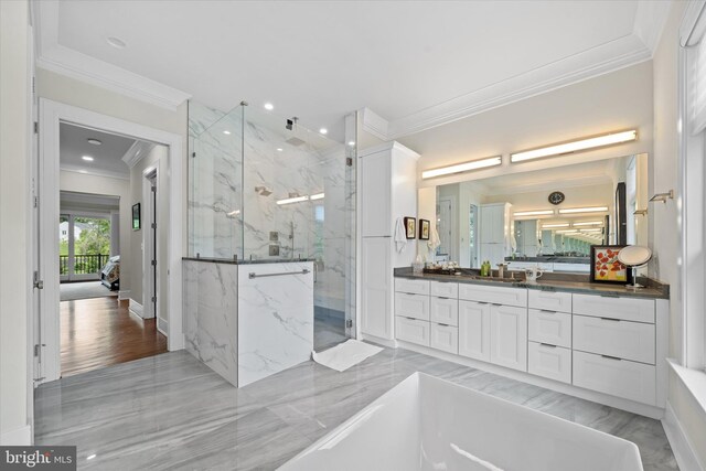 5 Raintree Rd, Chadds Ford, PA 19317 - full bathroom with crown molding, ensuite bathroom, a marble finish shower, vanity, and recessed lighting