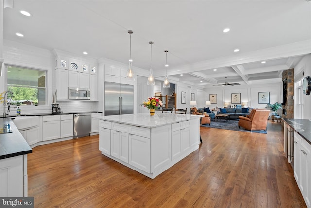 5 Raintree Rd, Chadds Ford, PA 19317 - kitchen featuring stainless steel appliances, wood finished floors, recessed lighting, coffered ceiling, and beamed ceiling