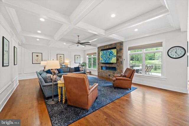 5 Raintree Rd, Chadds Ford, PA 19317 - living room with a fireplace, wood finished floors, ceiling fan, recessed lighting, and beamed ceiling