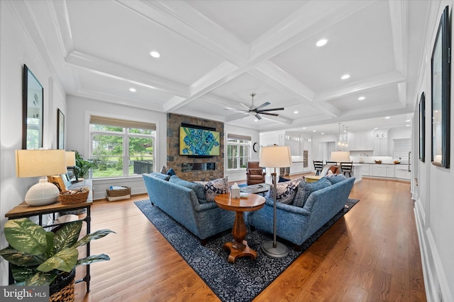 5 Raintree Rd, Chadds Ford, PA 19317 - living room with coffered ceiling, light wood-type flooring, plenty of natural light, beam ceiling, and recessed lighting