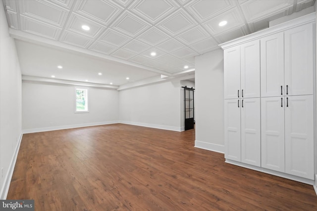 5 Raintree Rd, Chadds Ford, PA 19317 - below grade area featuring a barn door, recessed lighting, dark wood-style flooring, baseboards, and an ornate ceiling