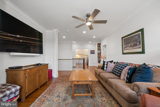 5 Raintree Rd, Chadds Ford, PA 19317 - living room with wood finished floors, ceiling fan, recessed lighting, crown molding, and baseboards