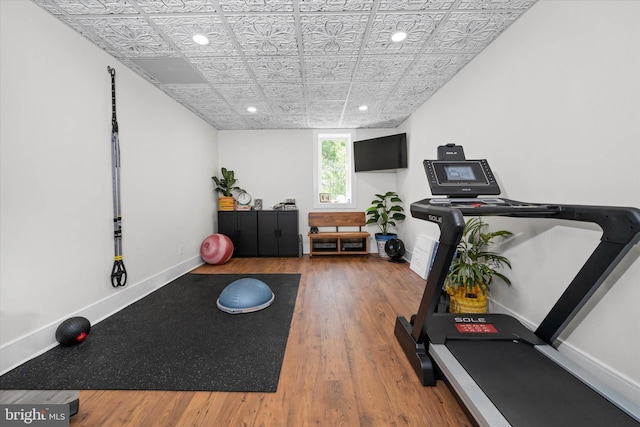 5 Raintree Rd, Chadds Ford, PA 19317 - workout area with wood finished floors, recessed lighting, baseboards, and an ornate ceiling