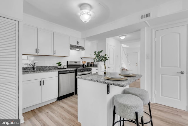 4428 Edson Pl NE, Washington, DC 20019 - kitchen with stainless steel appliances, under cabinet range hood, a breakfast bar, a sink, and white cabinetry