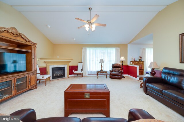 314 Valley Ct, Sinking Spring, PA 19608 - carpeted living area featuring lofted ceiling, a high end fireplace, and ceiling fan