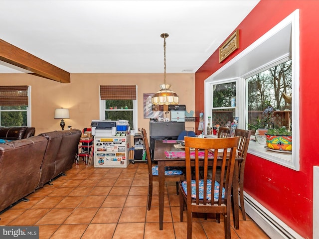dining space featuring a baseboard heating unit, tile patterned flooring, and plenty of natural light