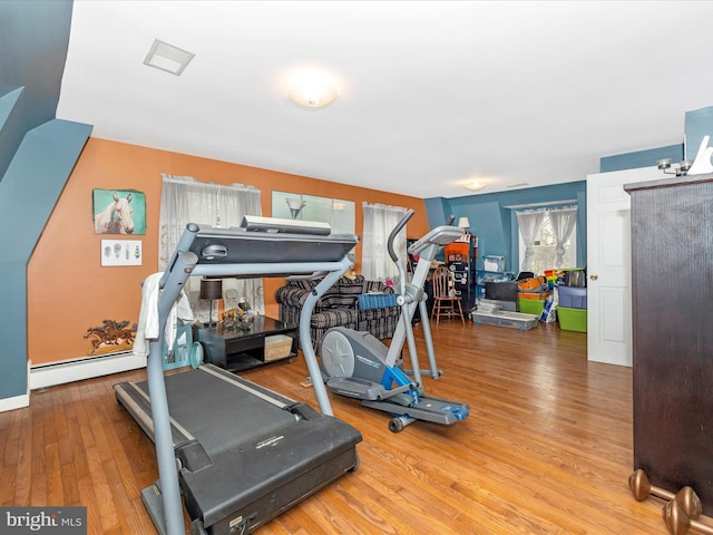 exercise room featuring wood finished floors