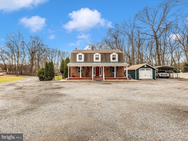 dutch colonial with covered porch, a gambrel roof, a carport, a chimney, and dirt driveway