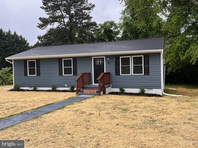14400 Northumberland Hwy, Heathsville, VA 22473 - ranch-style house with crawl space, a front lawn, and a shingled roof