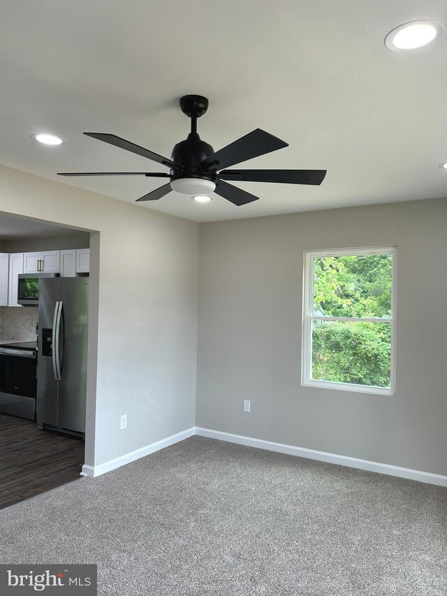 14400 Northumberland Hwy, Heathsville, VA 22473 - spare room featuring baseboards, ceiling fan, dark colored carpet, and recessed lighting