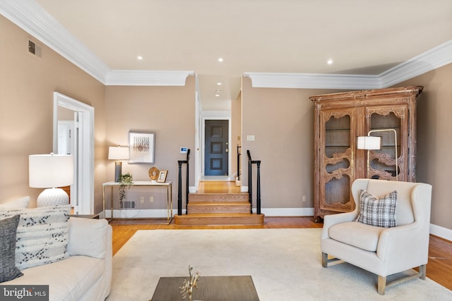 710 Belgrove Rd, Mclean, VA 22101 - living room featuring ornamental molding, wood finished floors, stairway, baseboards, and recessed lighting