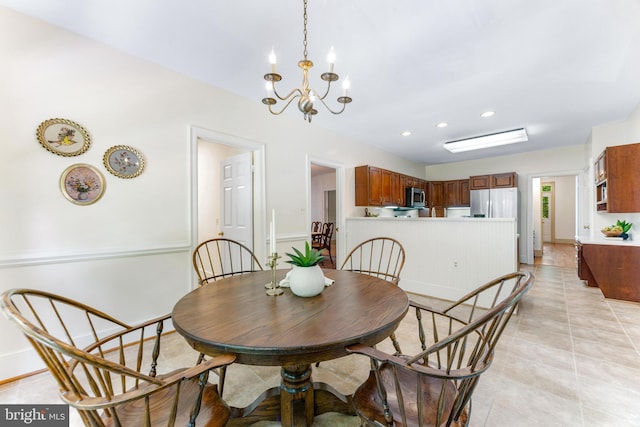 16909 Batchellors Forest Rd, Silver Spring, MD 20906 - dining space featuring light tile patterned flooring, a chandelier, recessed lighting, and baseboards