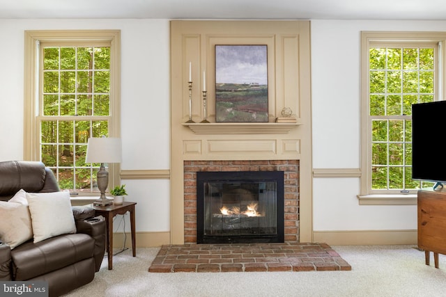 16909 Batchellors Forest Rd, Silver Spring, MD 20906 - carpeted living room with baseboards and a fireplace