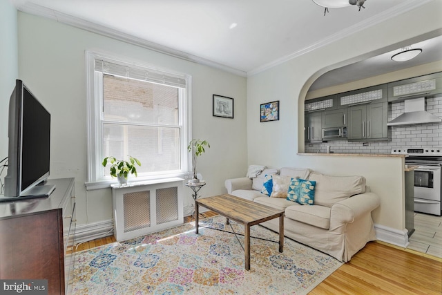 living room with crown molding, light wood-style flooring, radiator, and arched walkways