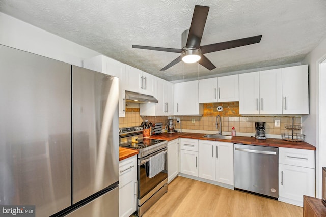 2908 Ruskin Ct, Abingdon, MD 21009 - kitchen with wood counters, appliances with stainless steel finishes, a sink, under cabinet range hood, and ceiling fan