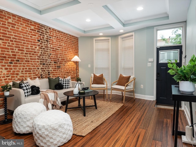 628 E Fort Ave, Baltimore, MD 21230 - living room with baseboards, coffered ceiling, dark wood finished floors, crown molding, and beamed ceiling