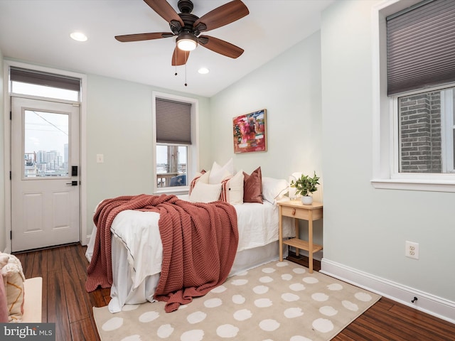 628 E Fort Ave, Baltimore, MD 21230 - bedroom with wood finished floors, baseboards, recessed lighting, vaulted ceiling, and ceiling fan