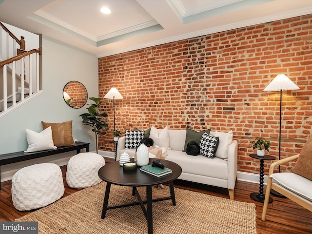 628 E Fort Ave, Baltimore, MD 21230 - living room featuring brick wall, wood finished floors, stairs, crown molding, and baseboards