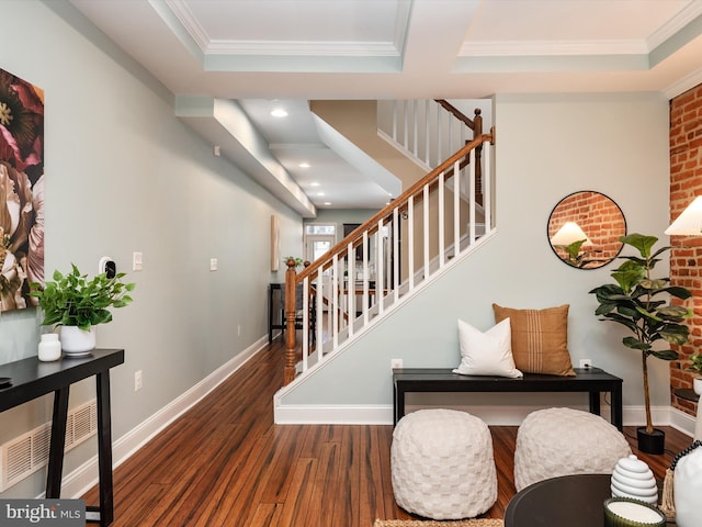 628 E Fort Ave, Baltimore, MD 21230 - entryway with a tray ceiling, wood finished floors, ornamental molding, stairs, and baseboards