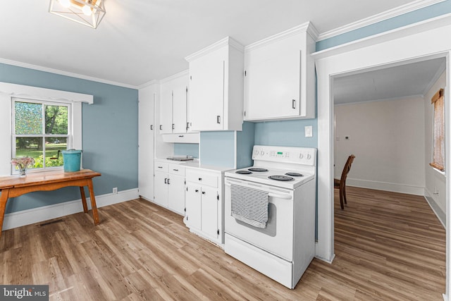 1838 Muddy Gut Rd, Dunnsville, VA 22454 - kitchen featuring white electric range, ornamental molding, light wood finished floors, and white cabinetry
