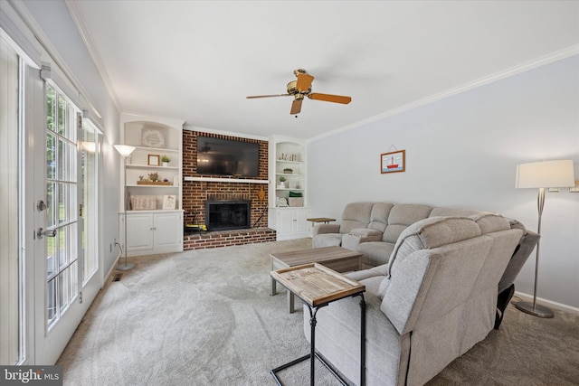 7 Quail Ct, Wilmington, DE 19810 - living area featuring carpet flooring, ornamental molding, ceiling fan, built in features, and baseboards