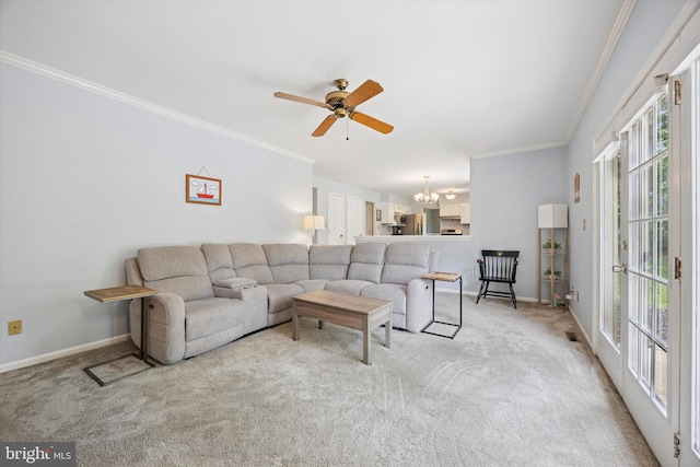 7 Quail Ct, Wilmington, DE 19810 - carpeted living room featuring crown molding, a chandelier, ceiling fan, and baseboards