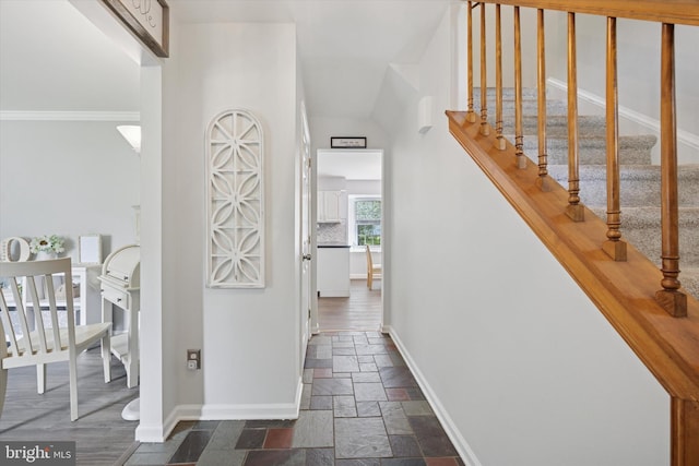 7 Quail Ct, Wilmington, DE 19810 - hallway featuring stone tile floors, baseboards, and stairs