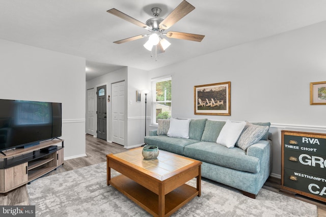 18 Huxley Cir, Abingdon, MD 21009 - living room with wood finished floors, a ceiling fan, and baseboards