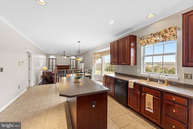 kitchen featuring black dishwasher, open floor plan, a ceiling fan, light tile patterned floors, and a sink