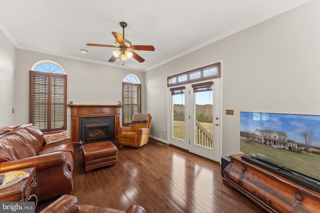 living room with hardwood / wood-style floors, ornamental molding, a ceiling fan, a fireplace, and baseboards