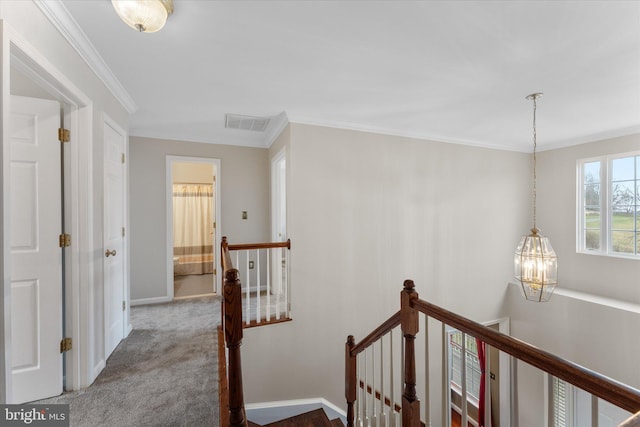 corridor with an upstairs landing, a chandelier, baseboards, crown molding, and carpet