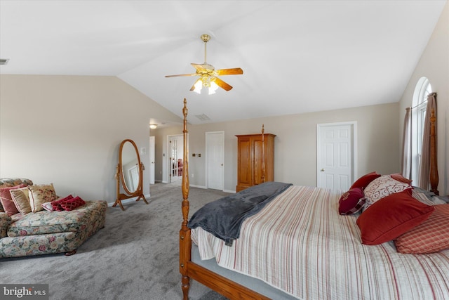 bedroom with vaulted ceiling, carpet flooring, and ceiling fan