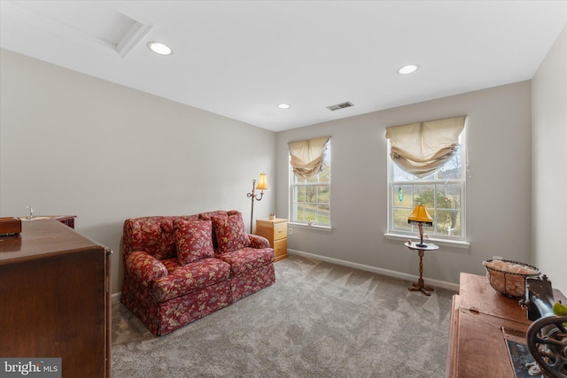 sitting room featuring carpet, baseboards, recessed lighting, and attic access
