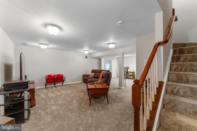 living room with stairs and light colored carpet