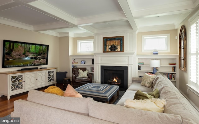 8 Fallbrook Ln, Glen Mills, PA 19342 - living area featuring coffered ceiling, beam ceiling, ornamental molding, healthy amount of natural light, and a large fireplace
