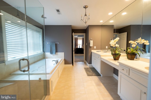 8 Fallbrook Ln, Glen Mills, PA 19342 - bathroom with double vanity, a bath, tile patterned floors, recessed lighting, and a stall shower