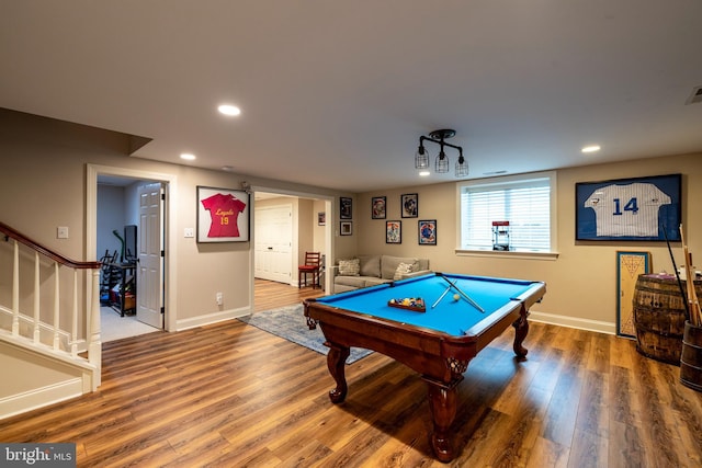 8 Fallbrook Ln, Glen Mills, PA 19342 - playroom featuring wood finished floors, pool table, baseboards, and recessed lighting