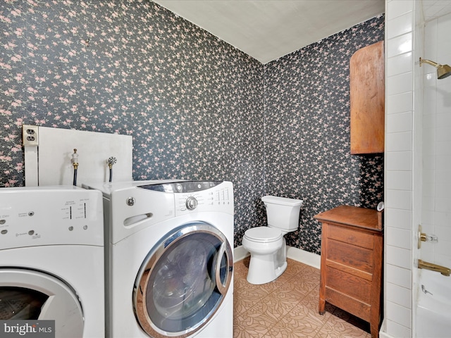 45 Front St, Lititz, PA 17543 - washroom featuring wallpapered walls, washing machine and dryer, tile patterned floors, and baseboards