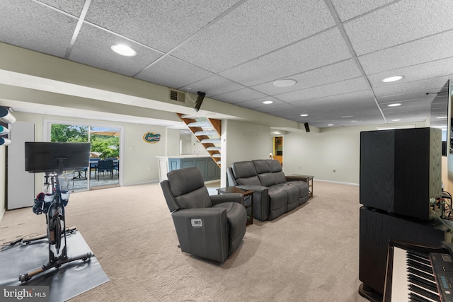 8313 Accotink Rd, Lorton, VA 22079 - living room with carpet flooring, a drop ceiling, recessed lighting, stairs, and baseboards