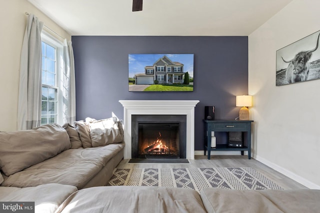430 Mcwharton Way, Bunker Hill, WV 25413 - living room with wood finished floors, a fireplace with flush hearth, baseboards, and a ceiling fan