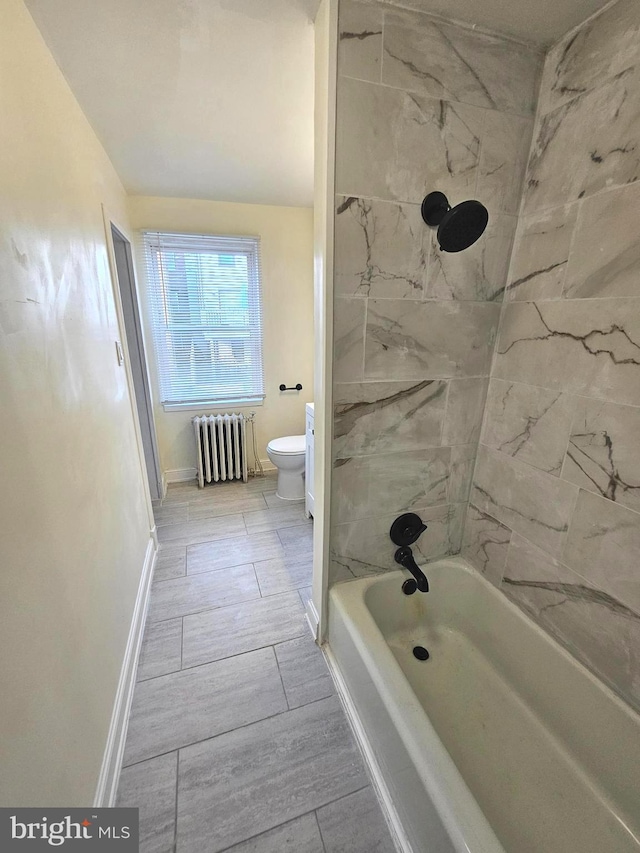 3404 Mueller St, Baltimore, MD 21224 - bathroom featuring radiator heating unit, toilet, washtub / shower combination, and baseboards