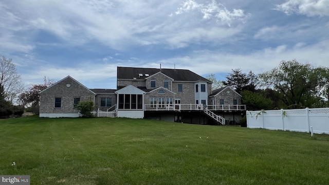 16200 Bellingham Dr, Darnestown, MD 20874 - rear view of house featuring a sunroom, a wooden deck, stairs, and brick siding