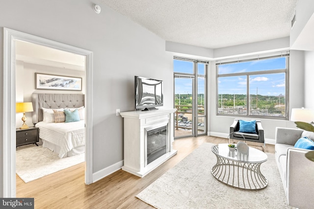 3600 S Glebe Rd Unit 605W, Arlington, VA 22202 - living room featuring light wood finished floors, baseboards, a glass covered fireplace, and a textured ceiling