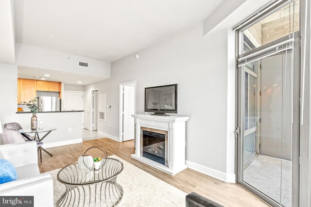 3600 S Glebe Rd Unit 605W, Arlington, VA 22202 - living room with light wood-type flooring, a glass covered fireplace, and baseboards