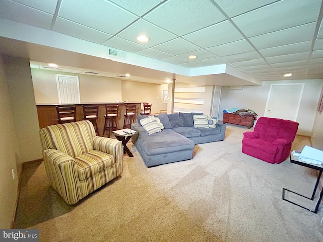 3603 Regency Dr, Reading, PA 19608 - living area featuring a paneled ceiling, a dry bar, carpet floors, and recessed lighting