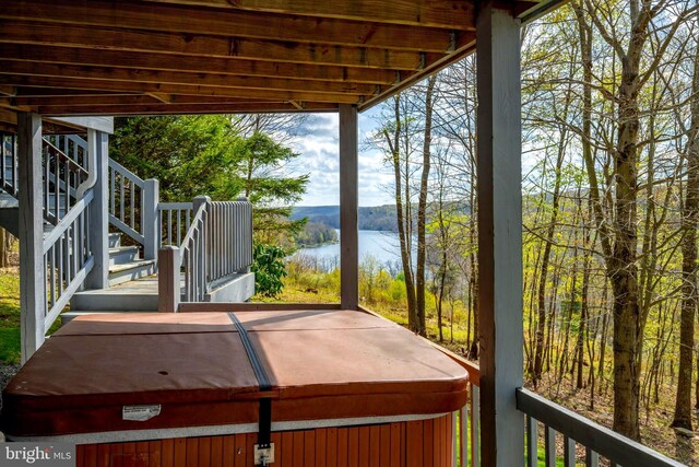 285 Cherry Heights Ln, Mc Henry, MD 21541 - view of patio / terrace with a hot tub, stairway, and a water view