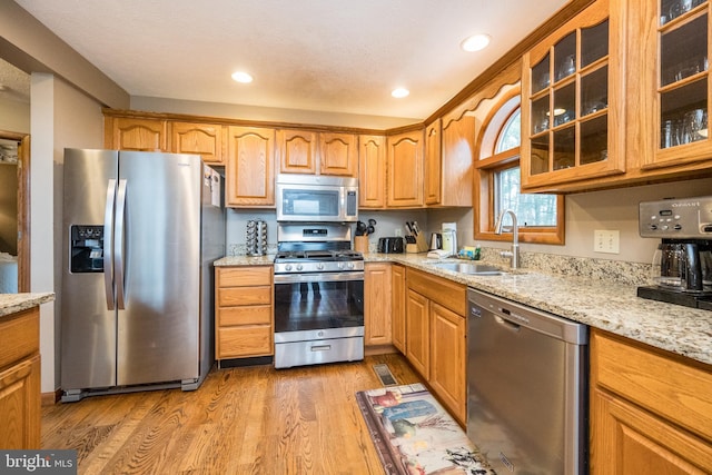 285 Cherry Heights Ln, Mc Henry, MD 21541 - kitchen with appliances with stainless steel finishes, a sink, light stone counters, light wood finished floors, and recessed lighting