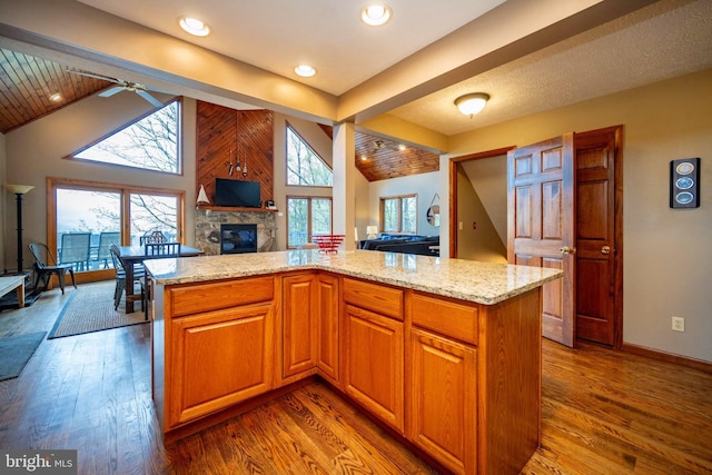 285 Cherry Heights Ln, Mc Henry, MD 21541 - kitchen with a fireplace, light stone countertops, dark wood finished floors, ceiling fan, and open floor plan
