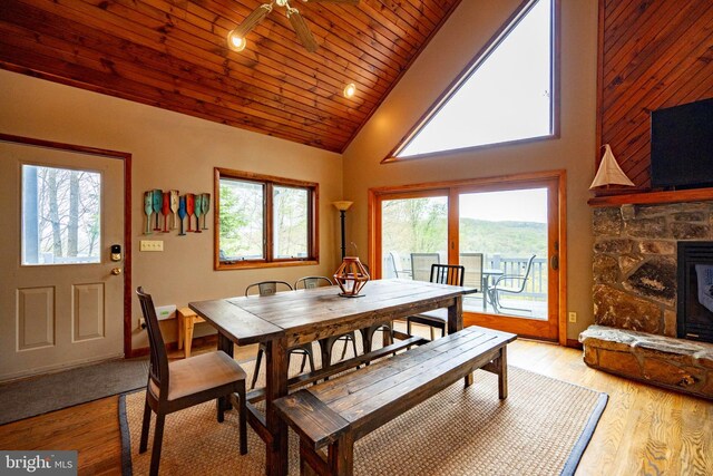 285 Cherry Heights Ln, Mc Henry, MD 21541 - dining space featuring healthy amount of natural light, high vaulted ceiling, wood ceiling, light wood-style floors, and ceiling fan