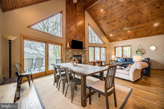 285 Cherry Heights Ln, Mc Henry, MD 21541 - dining room featuring high vaulted ceiling, wood ceiling, a fireplace, ceiling fan, and light wood-type flooring